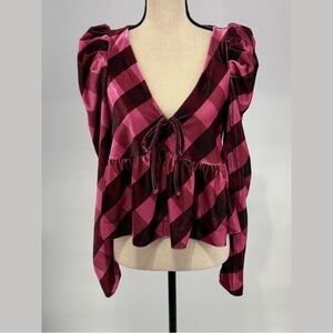 Maeve Anthropologie Pink Plaid Puff Sleeve Peplum Top Size M